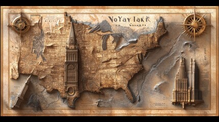 Wall Mural - A vintage-themed state map of New York with marked historical sites and key urban areas.