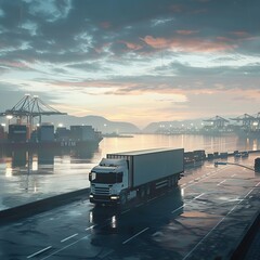 Poster - A truck drives along a wet road beside a harbor at sunset, with cranes and containers in view.