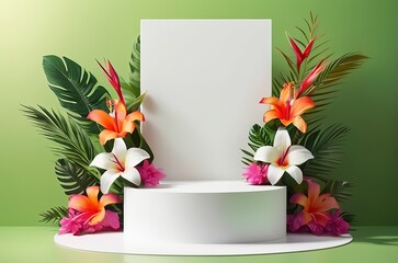 Smooth white podium adorned with vibrant tropical flowers, placed on a bright green background with soft sunlight, ideal for summer-themed beauty products. Made with generative AI technology