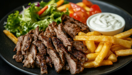 Wall Mural - Thin slices of doner kebab meat with crispy french fries and colorful salad