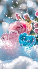 Wall Mural - Digital winter snow heart shaped gem poster background
