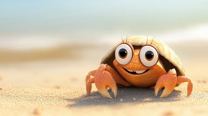 Canvas Print - A cartoon hermit crab peeking out from its shell, with big eyes and a friendly smile, set against a sandy beach.