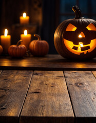 Wall Mural - Halloween Table - Old Wooden Plank With Orange Pumpkin In Purple Landscape With Moonlight