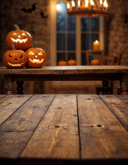 Wall Mural - Halloween Table - Old Wooden Plank With Orange Pumpkin In Purple Landscape With Moonlight