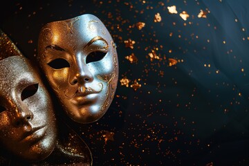 Poster - Two ornate masks with glitter, set against a dark background with golden speckles.