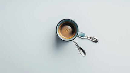 Canvas Print - Minimalist elegance: a blue coffee cup on a white background with two spoons positioned nearby