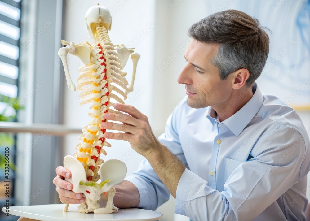 A focused professional examines a detailed human spine anatomy model ...