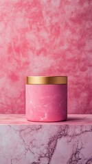 Wall Mural - A pink jar with gold trim sits on a marble countertop