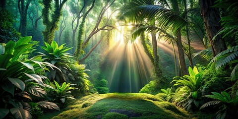 Wall Mural - Tropical foliage with sunlight streaming through lush green bushes in a dense forest. Generative AI