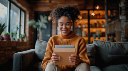 Smiling Woman Using Tablet in Cozy Home Setting with Warm Lighting and Rustic Decor