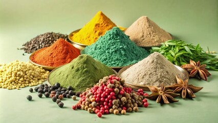 Colorful array of spices and herbs arranged elegantly on a green background. Generative AI