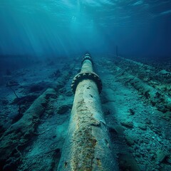 Sticker - An underwater view of a large, rusted pipeline resting on the ocean floor.