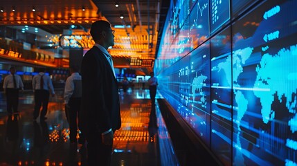 Wall Mural - A businessman in a suit stands in front of a large screen displaying data and charts.