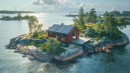 Wall Mural - animation isolated red cabin on rocky island with water views generated with ai