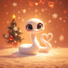 Canvas Print - 2025 A white snake with blue eyes is sitting in front of a Christmas tree. The snake is smiling and holding a heart