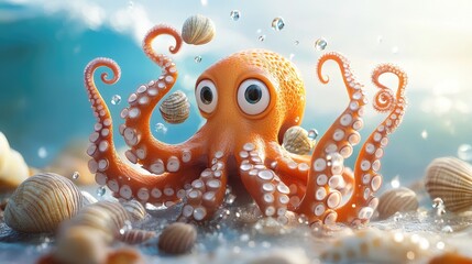 Canvas Print - A playful cartoon octopus juggling seashells with its tentacles, set against a bright ocean backdrop.