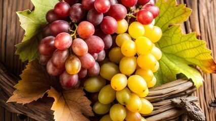 Bunch of red and yellow grapes with green leaves on wooden background