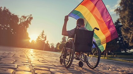 Person in wheelchair holding a rainbow flag at sunset.