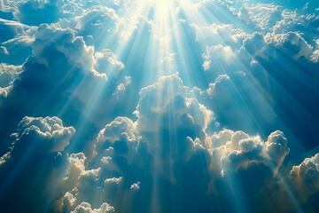 Wall Mural - Heavenly light rays shine down through the clouds evoking a sense of divine presence and hope