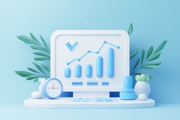 Poster - illustration of data analytics concept with line and bar charts on a computer screen, surrounded by plants and office items.