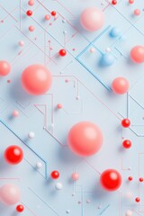 Fototapete - Abstract ing with colorful spheres on a light blue circuit background. Geometric shapes create a dynamic modern digital design.