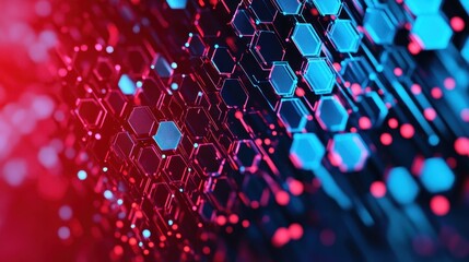 Fototapete - Abstract digital background of hexagons and vibrant neon lights. Modern technology and futuristic design concept. 3D illustration.
