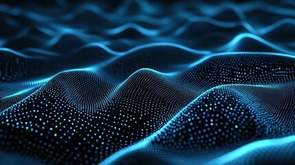 Fototapete - Abstract digital landscape background featuring a grid surface with glowing blue dots forming waves. Technology and data visualization concept.