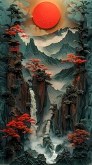 Traditional red sun landscape illustration poster background decorative painting