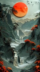 Traditional red sun landscape illustration poster background decorative painting