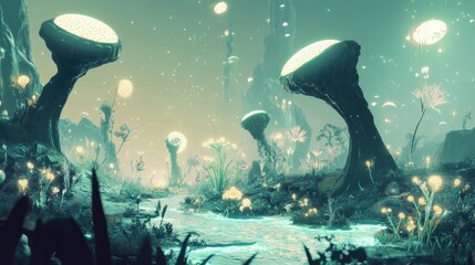 Sticker - A surreal, minimalistic alien landscape with glowing plants, bizarre rock formations, and fantastical creatures, rendered in clear, clean colors