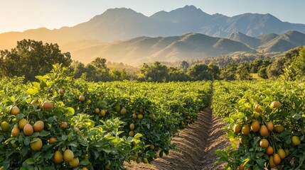 Wall Mural - A thriving avocado orchard with trees heavy with fruit, and a serene mountain range in the background bathed in golden sunlight.