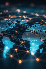 digital map of the world with blue light connections, global connectivity and technology. dark backg