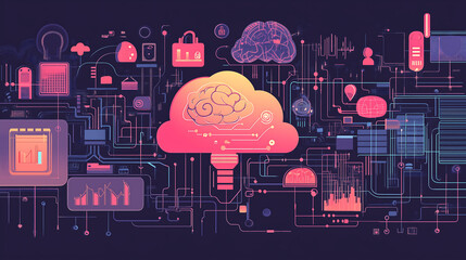 flat vector illustration of an abstract cloud-like brain surrounded by icons representing various digital marketing tools, such as graphs and social media astronauts