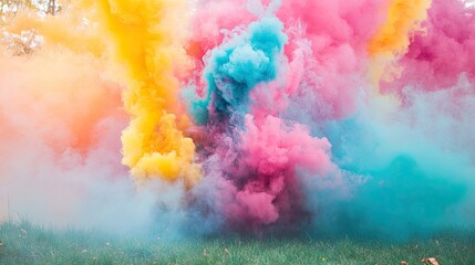 Sticker - A vibrant smoke bomb exploding in bright colors, creating a cloud of smoke in a dynamic and visually captivating outdoor scene.