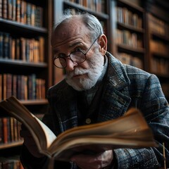 Historian Examines Ancient Manuscript with Curiosity and Doubt in Grand Library