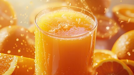 Sticker - Close-up of a freshly squeezed orange juice in a glass, surrounded by juicy orange slices, creating a fresh and zesty visual.