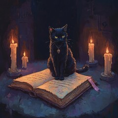 Poster - A black cat sits on an open book with four candles lit in a dimly lit room.