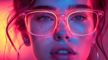 Wall Mural - portrait of a woman face with glowing neon glasses