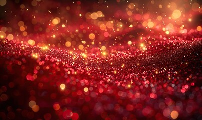 Red liquid with golden glitter tints, creating a galaxy of golden dust particles in a red fluid.