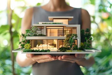 Canvas Print - A person holds a miniature model of a modern house surrounded by greenery.