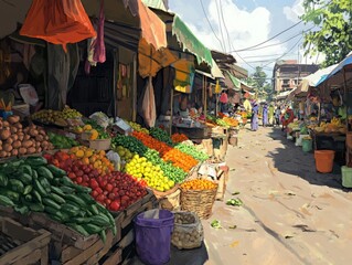 Sticker - A bustling street market with colorful fruits and vegetables on display.