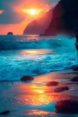 Wall Mural - A serene sunset over a rocky shore inspires thoughts of hope and the divine 