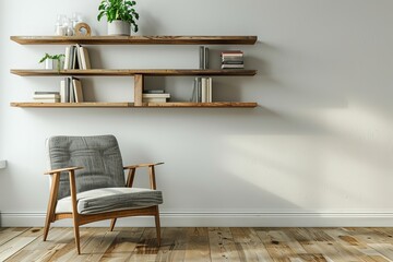 Poster - A cozy corner featuring a chair and a wooden shelf with books and plants.