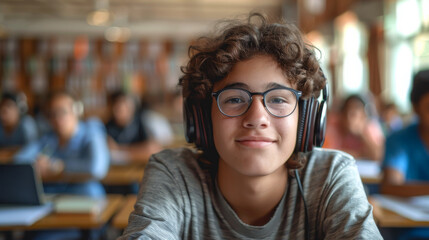 Portrait of a cute boy wearing headphones at his desk in the classroom. A young high school student looks at the camera indoors. Concept of education, learning.