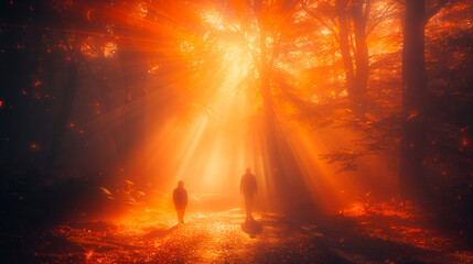 Wall Mural - People walk through a sunlit forest radiating a heavenly glow conveying a sense of spiritual peace and divine presence