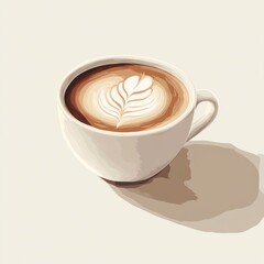 A close-up of a cup of latte with a leaf design in the foam.