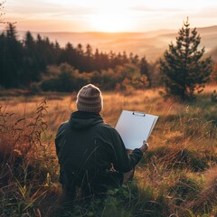 Poster - A person sketches a serene landscape at sunset, surrounded by nature's beauty.