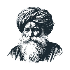 Poster - Old Muslim with his turban. Black white vector illustration.
