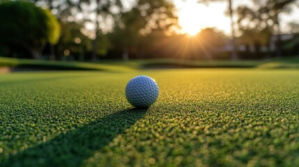 close up golf ball  in morning dew, sunrise recreation sport field