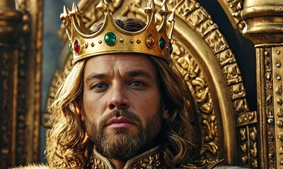 a king with a golden crown on his head, sitting on a throne, looking dashing and authoritative.